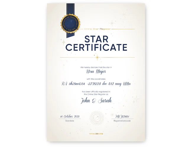 گواهی ستاره بر روی کاغذ لوکس چاپ و طلاکوب شده و مختصات ستاره، نام ستاره و تاریخ ستاره را نشان می دهد.